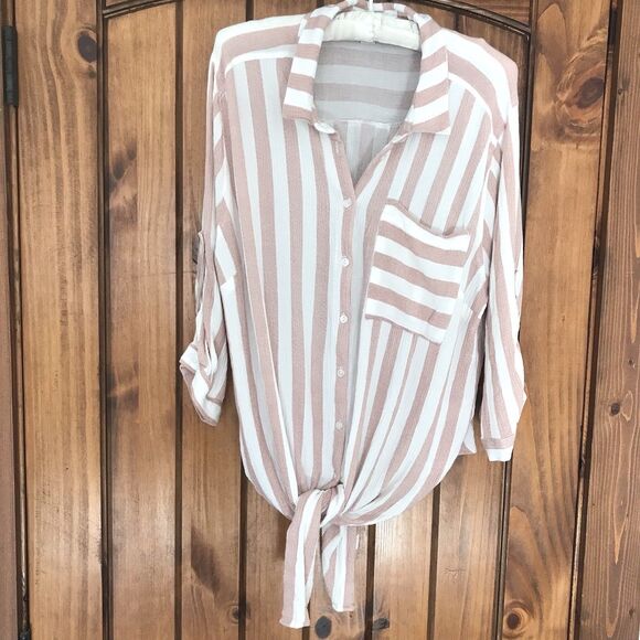 Vixbe Womens Top XL Roll Tab Sleeve Button Up Striped Rayon Coastal Lagenlook - Picture 1 of 10